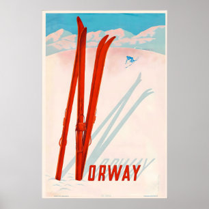 Affiche Montagnes de Norvège Ski Sport d'hiver Ski Vintage