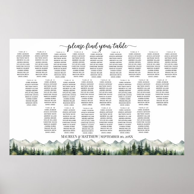 Affiche Montagnes et pins 23 Tables Siège Mariage (Devant)