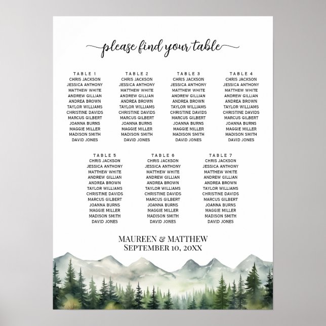 Affiche Montagnes et pins 7 Tables Siège Mariage (Devant)