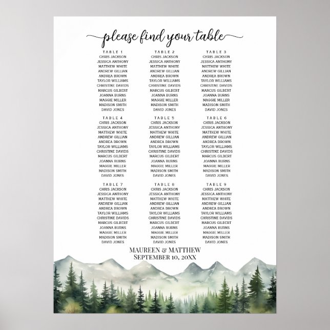 Affiche Montagnes et pins 9 Tables Siège Mariage (Devant)
