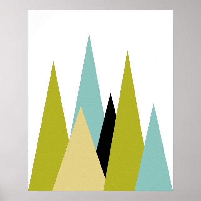 Affiche Montagnes Mid Century Vert Turquoise Jaune Noir (Devant)