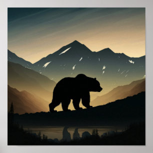 Affiche Montagnes minimalistes et silhouette d'ours noir