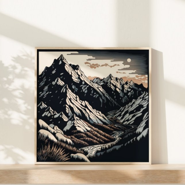 Affiche Montagnes Nature Paysage Vintage voyage Linocut (A small print perfect for small spaces.)