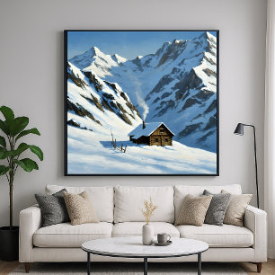 Affiche Montagnes neigeuses Cabine - Style paysage peint