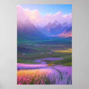 Affiche Montagnes neigeuses et village caché