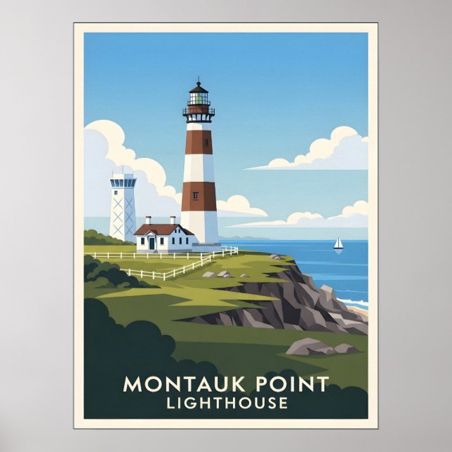 Affiche Montauk Point Lighthouse, Coastal Cliff & Sailboat (Devant)
