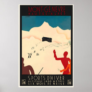 Affiche Montgenèvre Hautes-Alpes France Ski Voyage Vintage