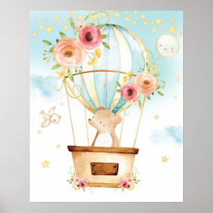 Affiche Montgolfière Florale Ourson Mignon Aventure Attend