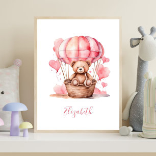 Affiche Montgolfière Ours en Peluche Rose pour la Nurserie