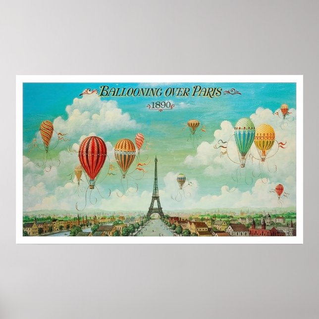 Affiche Montgolfière sur Paris, ballons à air chaud, vinta (Devant)