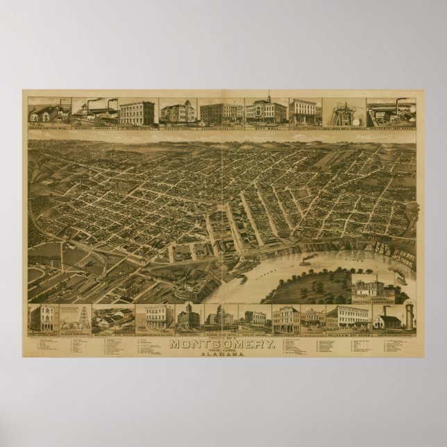 Affiche Montgomery Alabama 1887 Carte panoramique antique (Devant)