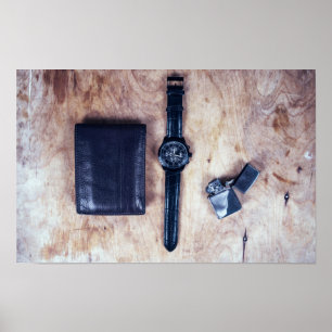 Affiche montre-bracelet avec portefeuille et briquet