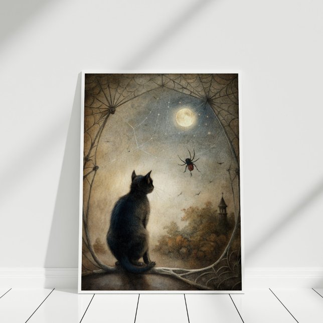 Affiche Montre Familiale - Chat noir & Mur magique Impress (Familiar’s Watch – Black Cat & Magic Wall Print in a white frame.)
