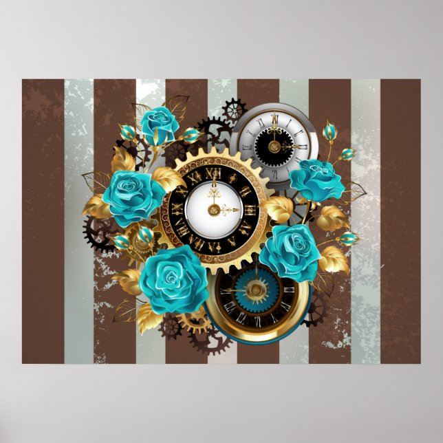 Affiche Montre Steampunk et roses turquoise sur fond rayé (Devant)