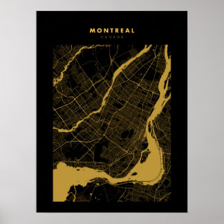 Affiche Montréal - Canada Carte de la ville en or sombre