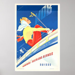 Affiche Montreux Oberland Bernois Suisse Ski Vintage