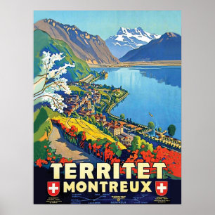 Affiche Montreux, Vue aérienne, montagnes, lac, Suisse
