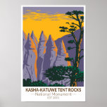 Affiche Monument national de Kasha - Katuwe Tent Rocks<br><div class="desc">Kasha-Katuwe Tente Rocks conception d'oeuvres vectorielles. La région doit sa géologie remarquable à des couches de roches volcaniques et de cendres déposées par le flux pyroclastique des éruptions dans le champ volcanique des montagnes de Jemez.</div>