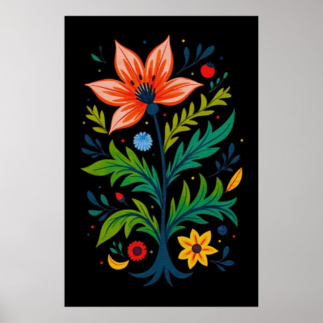 Affiche Moody Black Boho Floral Tree Folk Art (Devant)