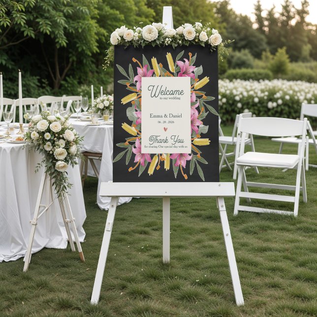 Affiche Moody Blush Lily Black Floral Wedding Welcome Sign (Moody Blush Lily Wedding Welcome Poster | Elegant Black Floral Botanical Wedding Sign)