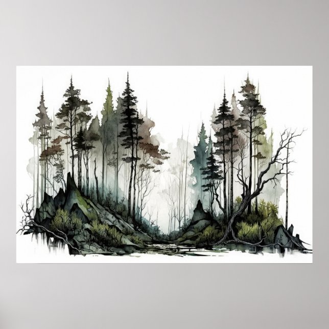 Affiche Moody Dark Forest Watercolor (Devant)