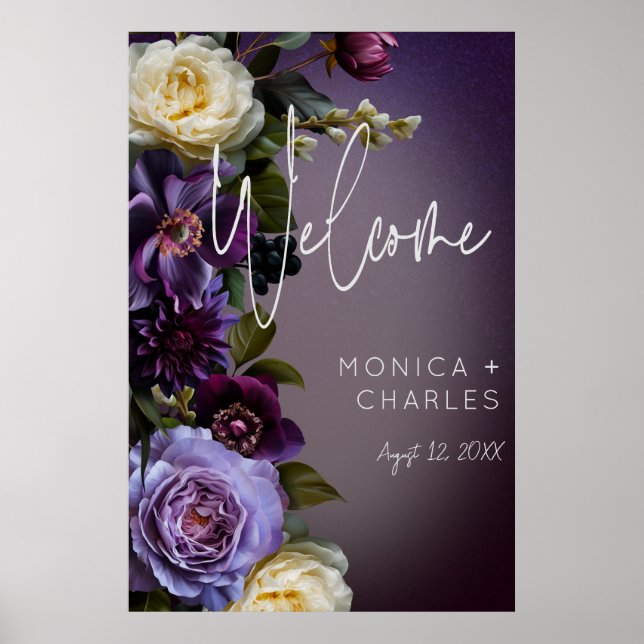 Affiche Moody foncé violet & lavande Floral Mariage modern (Devant)
