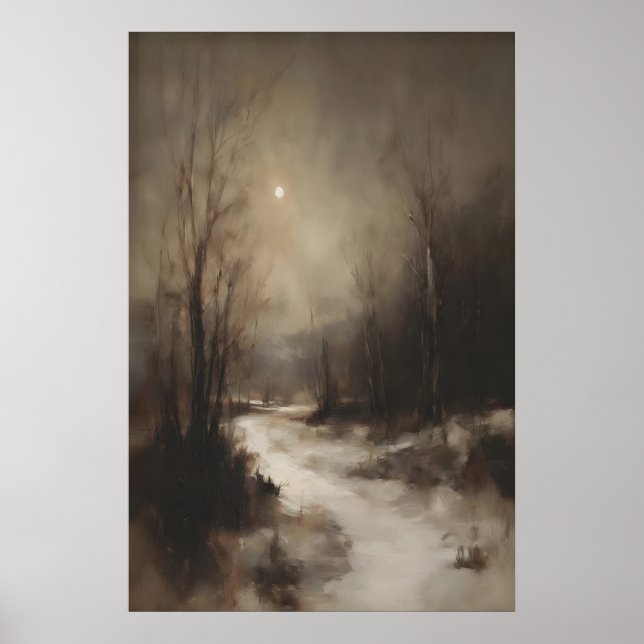 Affiche Moody Winter Forest Wall Art, Moonlit Snowy (Devant)