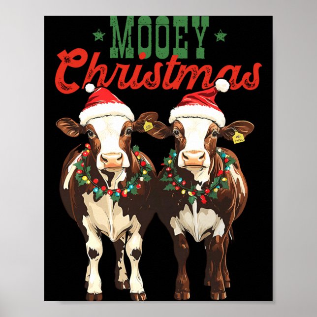 Affiche Mooey Christmas Cow With Santa Hats Xmas Lights Me (Devant)