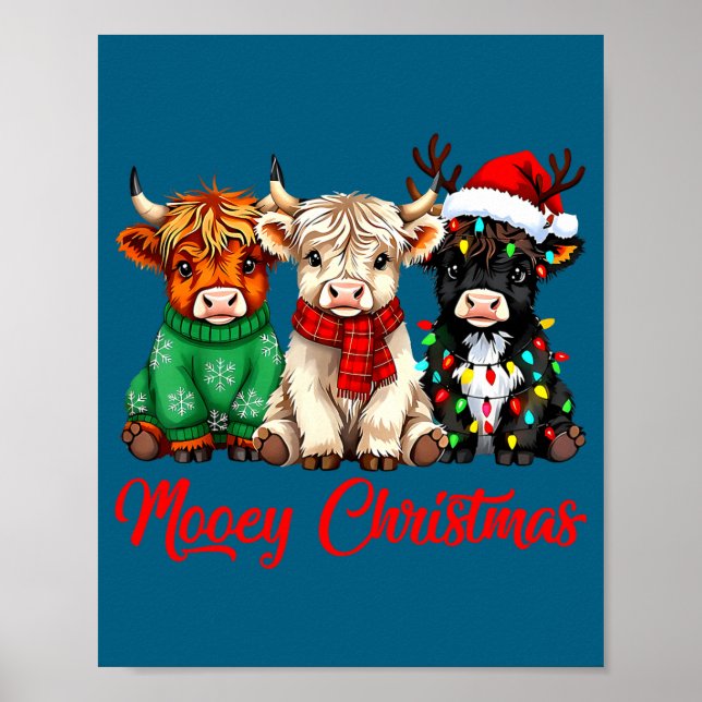 Affiche Mooey Christmas Lights Santa Hat Xmas Highland Cow (Devant)