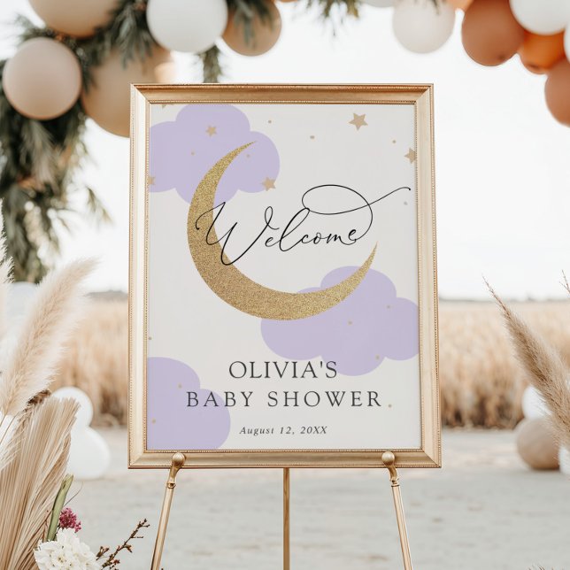 Affiche Moon and Stars Purple Baby Shower Welcome Sign (Créateur téléchargé)
