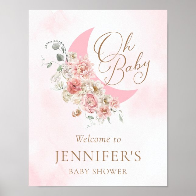 Affiche Moon rose fille Baby shower Bienvenue (Devant)