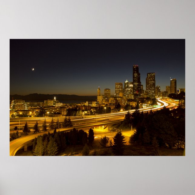 Affiche Moon sur Seattle Downtown Skyline (Devant)
