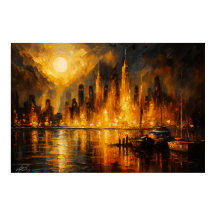 Moonfire Skyline - Fiery Cityscape Under Full Moon