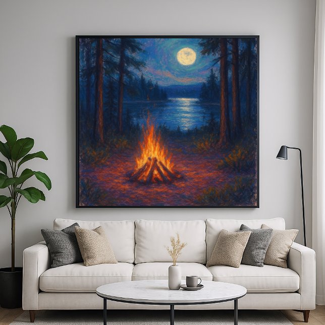 Affiche Moonlit Campfire Lake - Pastel Painting Style Art (Créateur téléchargé)