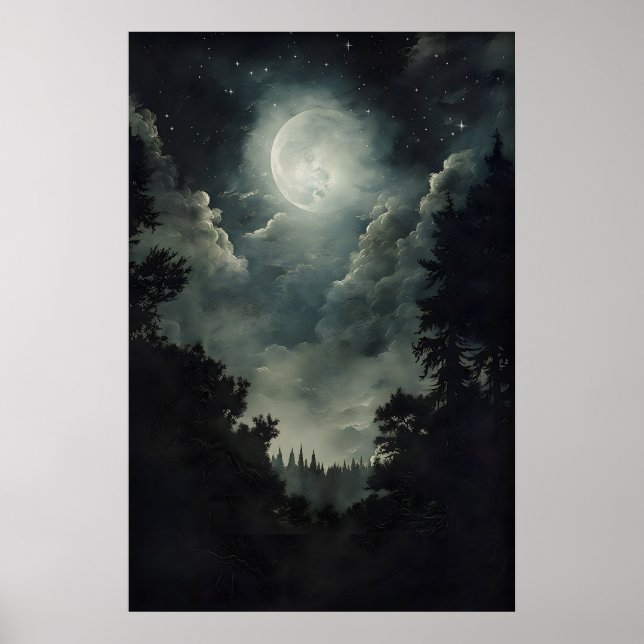 Affiche Moonlit Forest Print, Gothic Witchy Decor, Dark (Devant)
