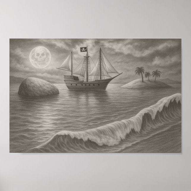 Affiche Moonlit Pirate Ship Drawing – Nautical Fantasy (Devant)
