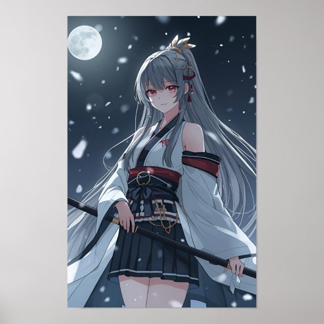 Affiche Moonlit Snow Samurai — Elegant Anime Girl Warrior  (Devant)
