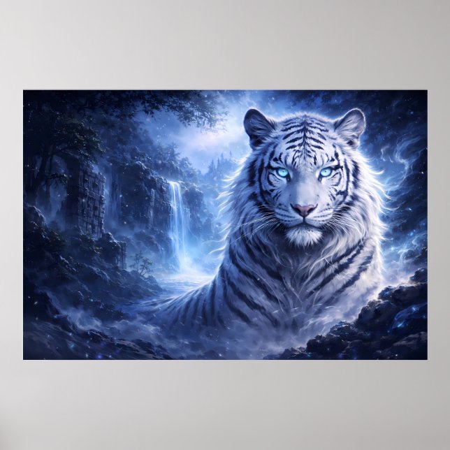 Affiche Moonlit White Tiger Guardian – Blue Fantasy Spirit (Devant)