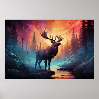 Affiche Moose Majestic (Elk) Par Arrière - plan Wildfire d