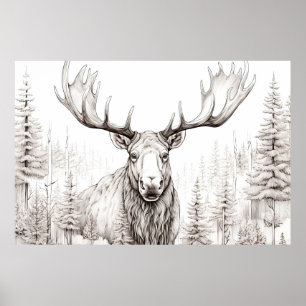Affiche Moose Nature paisible Prairie Sketch Style de dess