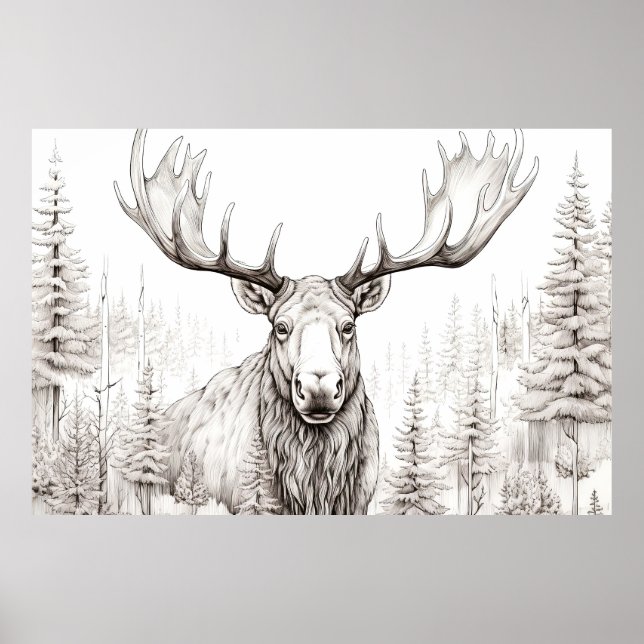 Affiche Moose Nature paisible Prairie Sketch Style de dess (Devant)