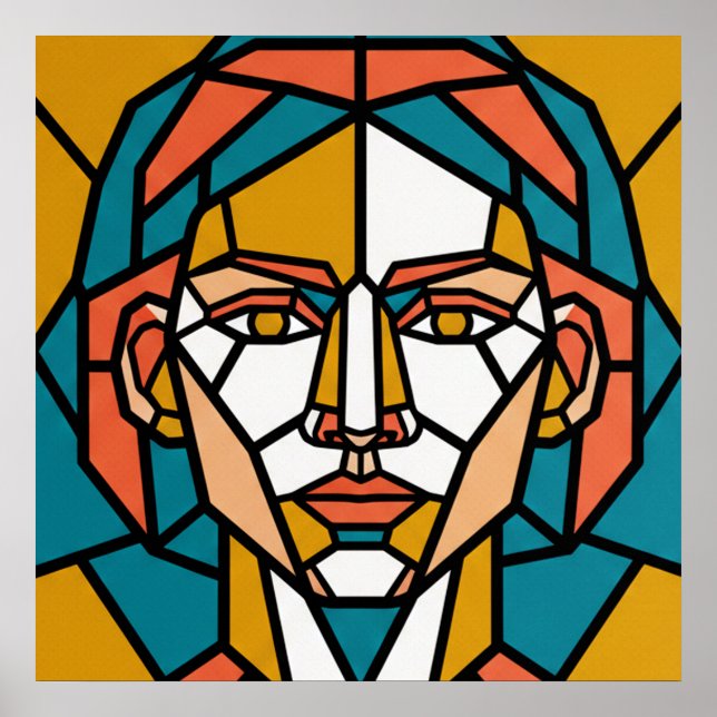 Affiche Mosaic Geometric Portrait in Amber and Teal (Devant)
