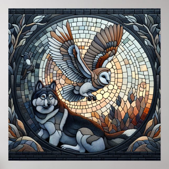 Affiche Mosaïque de chouette et de loup Ai Art (Devant)
