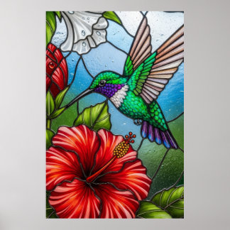 Affiche Mosaïque florale de jardin colibri en patchwork de