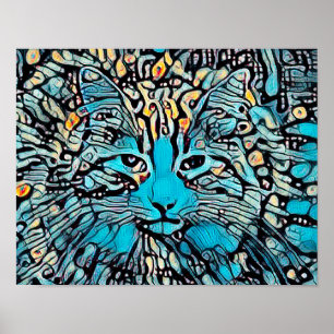 Affiche Mosaïque jaune bleu chat Tribal Art Abstrait