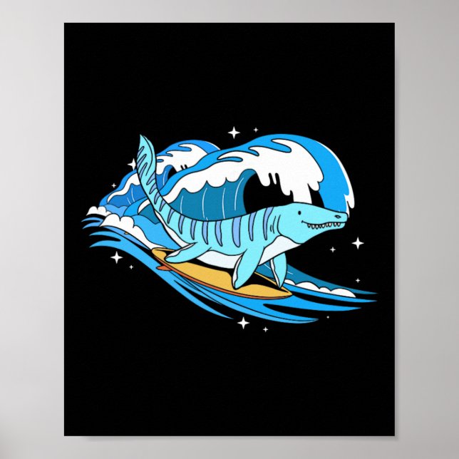 Affiche Mosasaure surfant Dino drôle dinosaure aquatique  (Devant)