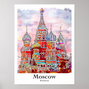 Affiche Moscou Russie Danemark Aquarelle main tirée