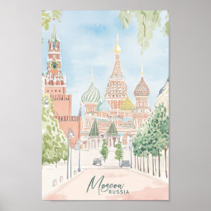 Affiche Moscou Russie Gouache Peinture Voyage