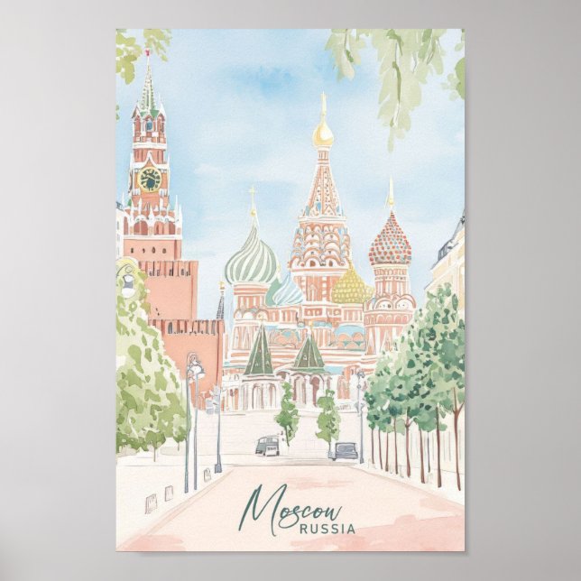 Affiche Moscou Russie Gouache Peinture Voyage (Devant)