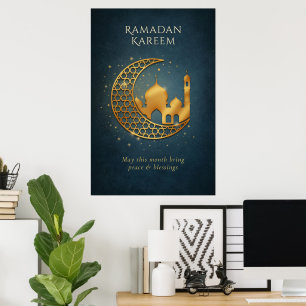 Affiche Mosquée du croissant islamique élégant or marine R